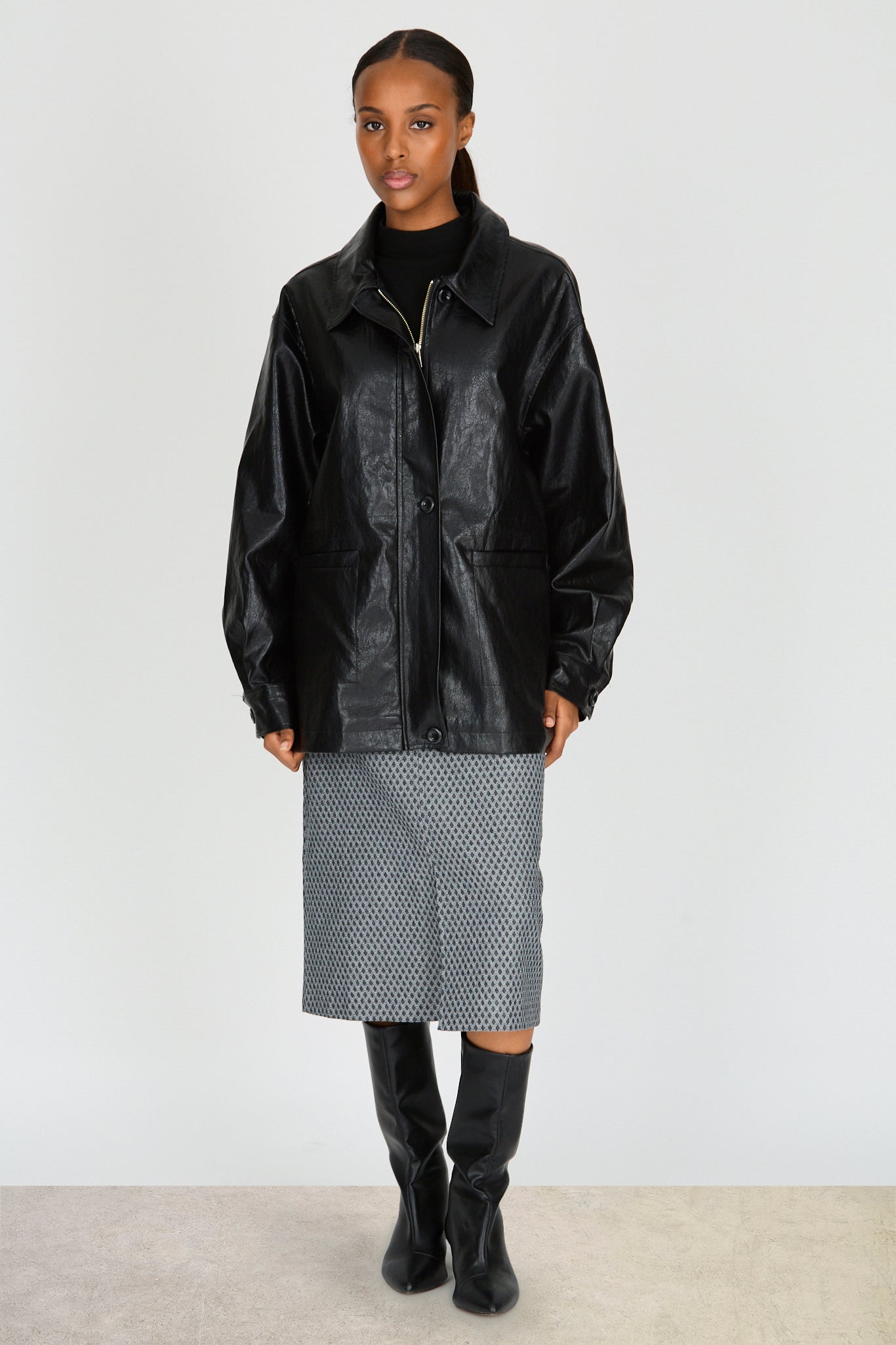 Black vegan leather cinch waist jacket_3