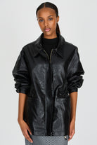 Black vegan leather cinch waist jacket_1