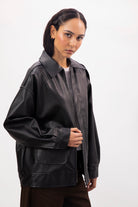 Black vegan leather long oversized jacket_2