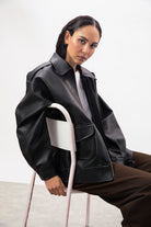 Black vegan leather long oversized jacket_1