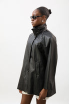 Black vegan leather long single breasted jacket_3
