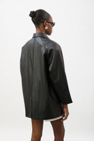Black vegan leather long single breasted jacket_4