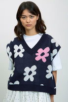 Black white and pop pink graphic floral sweater vest_1