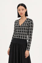 Black and grey diamond pattern button up top_3