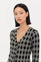 Black and grey diamond pattern button up top_5