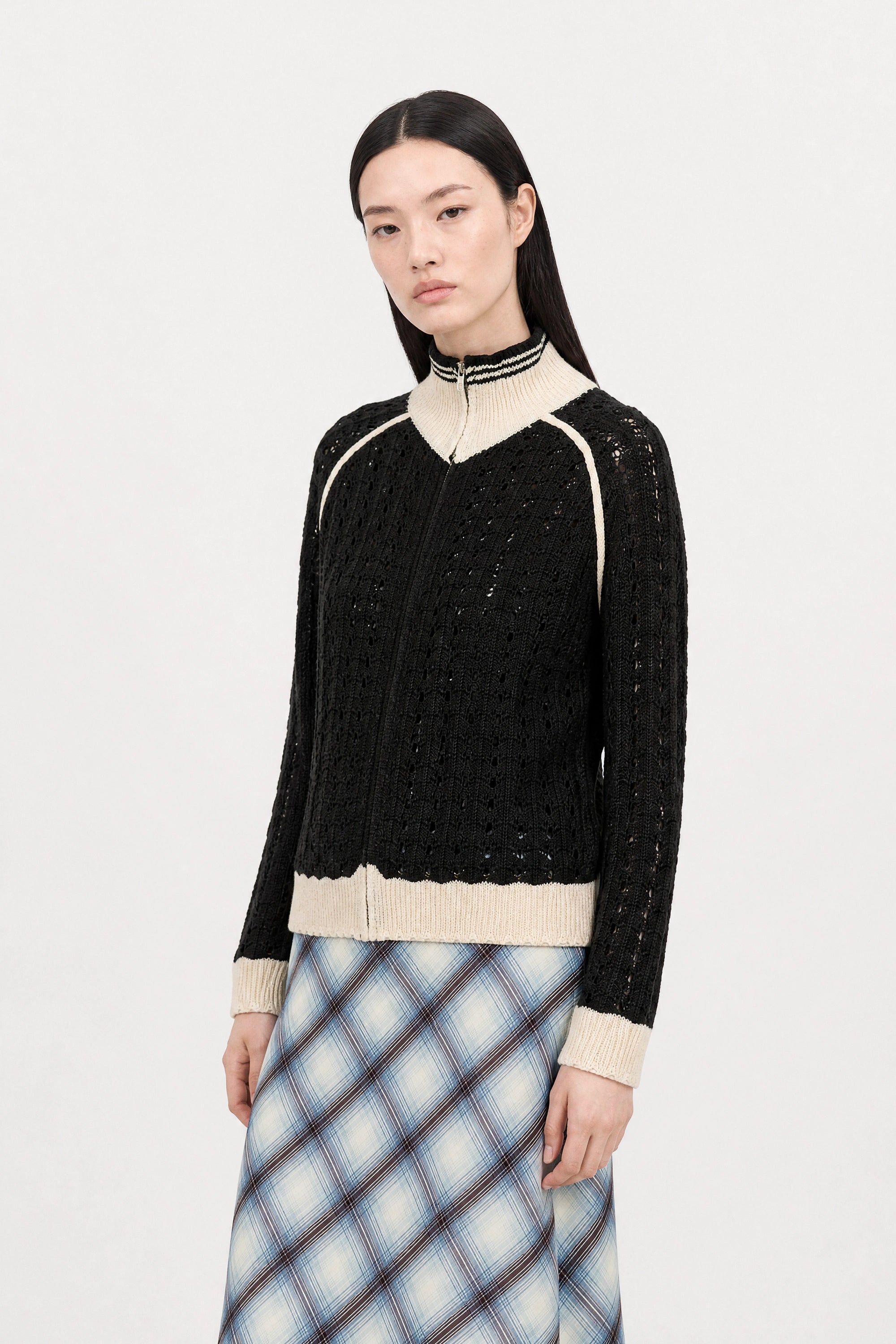 Black crochet knit contrast varsity trim zip cardigan_2