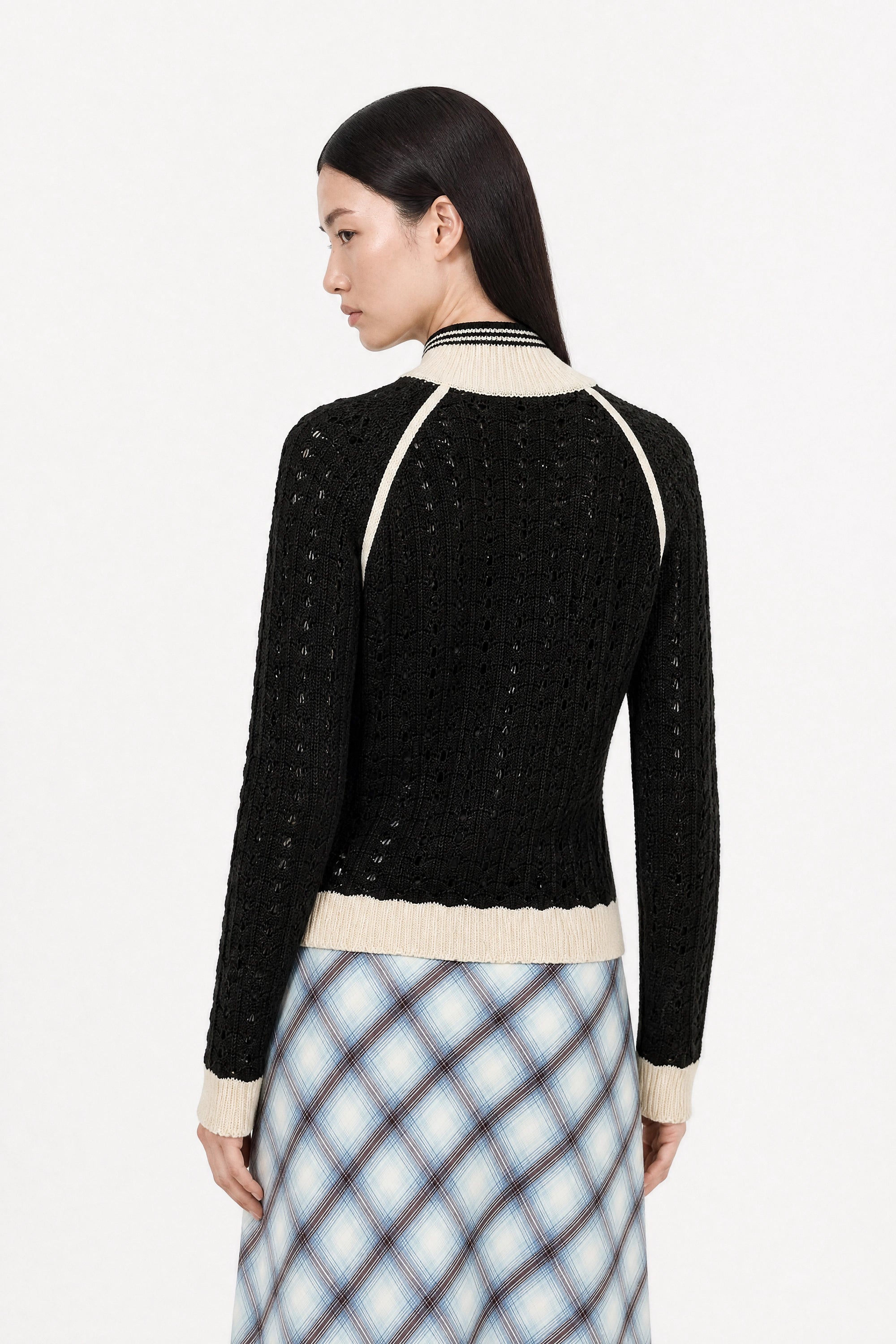 Black crochet knit contrast varsity trim zip cardigan_3