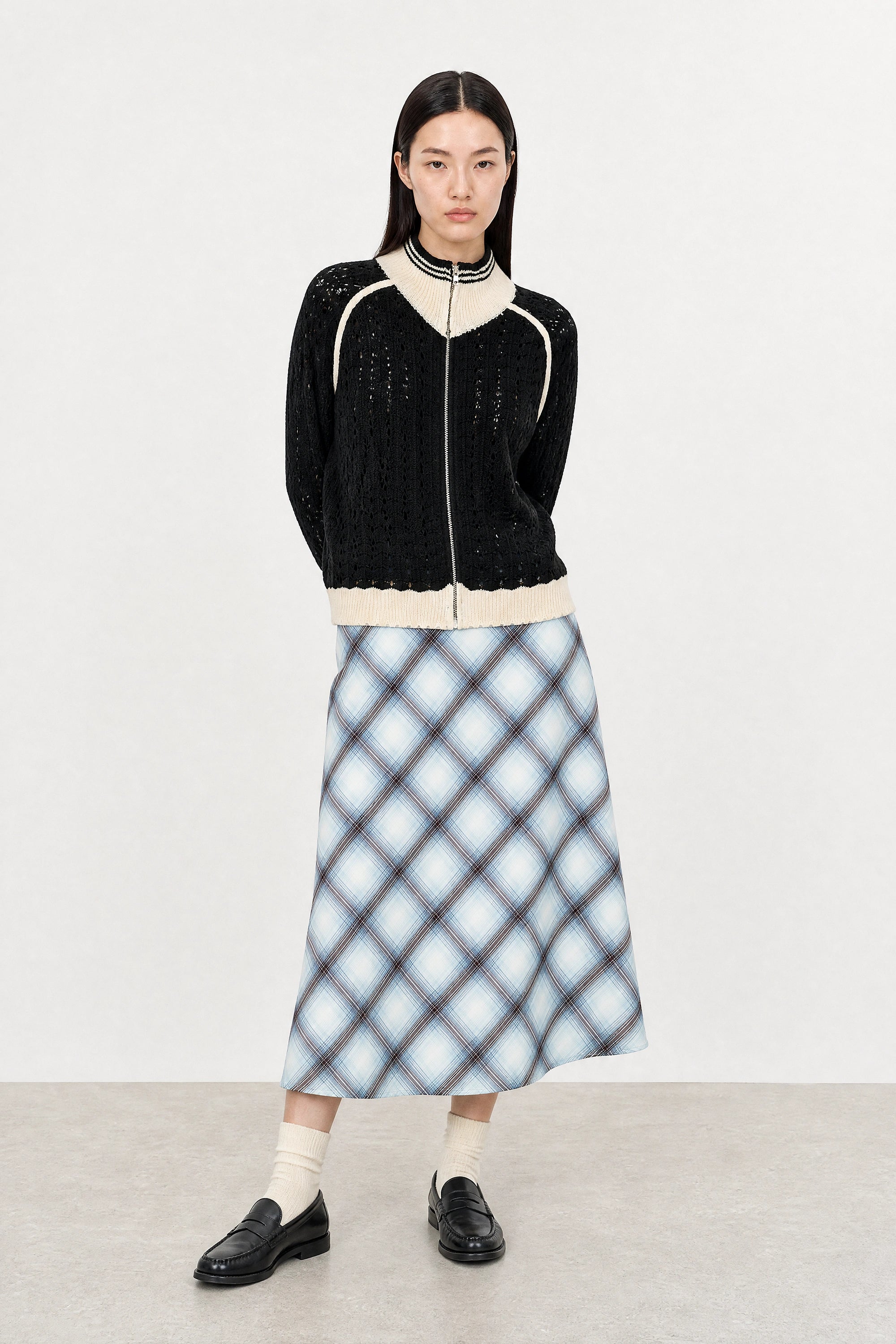 Black crochet knit contrast varsity trim zip cardigan_5