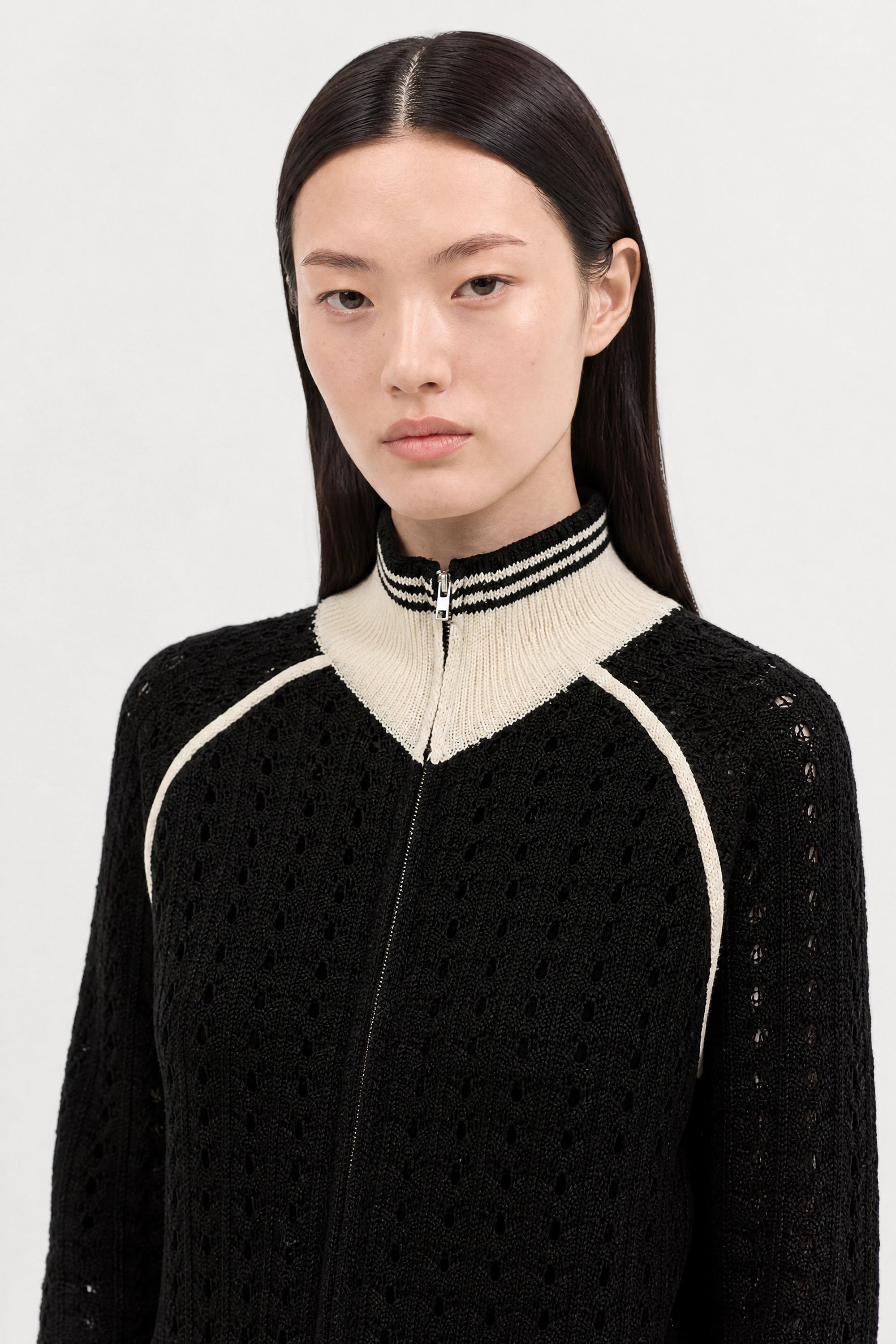 Black crochet knit contrast varsity trim zip cardigan_4