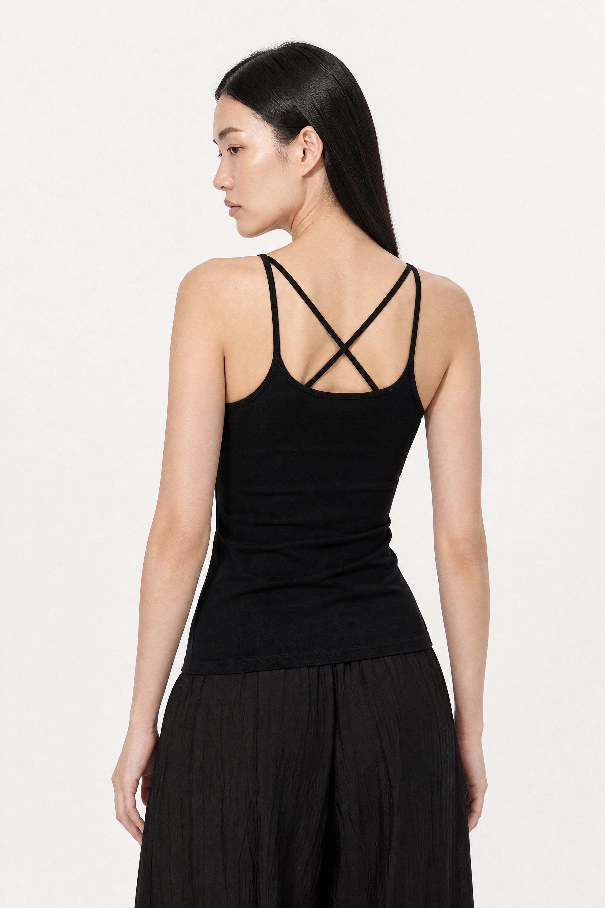 Black cross back stretch jersey tank top_2