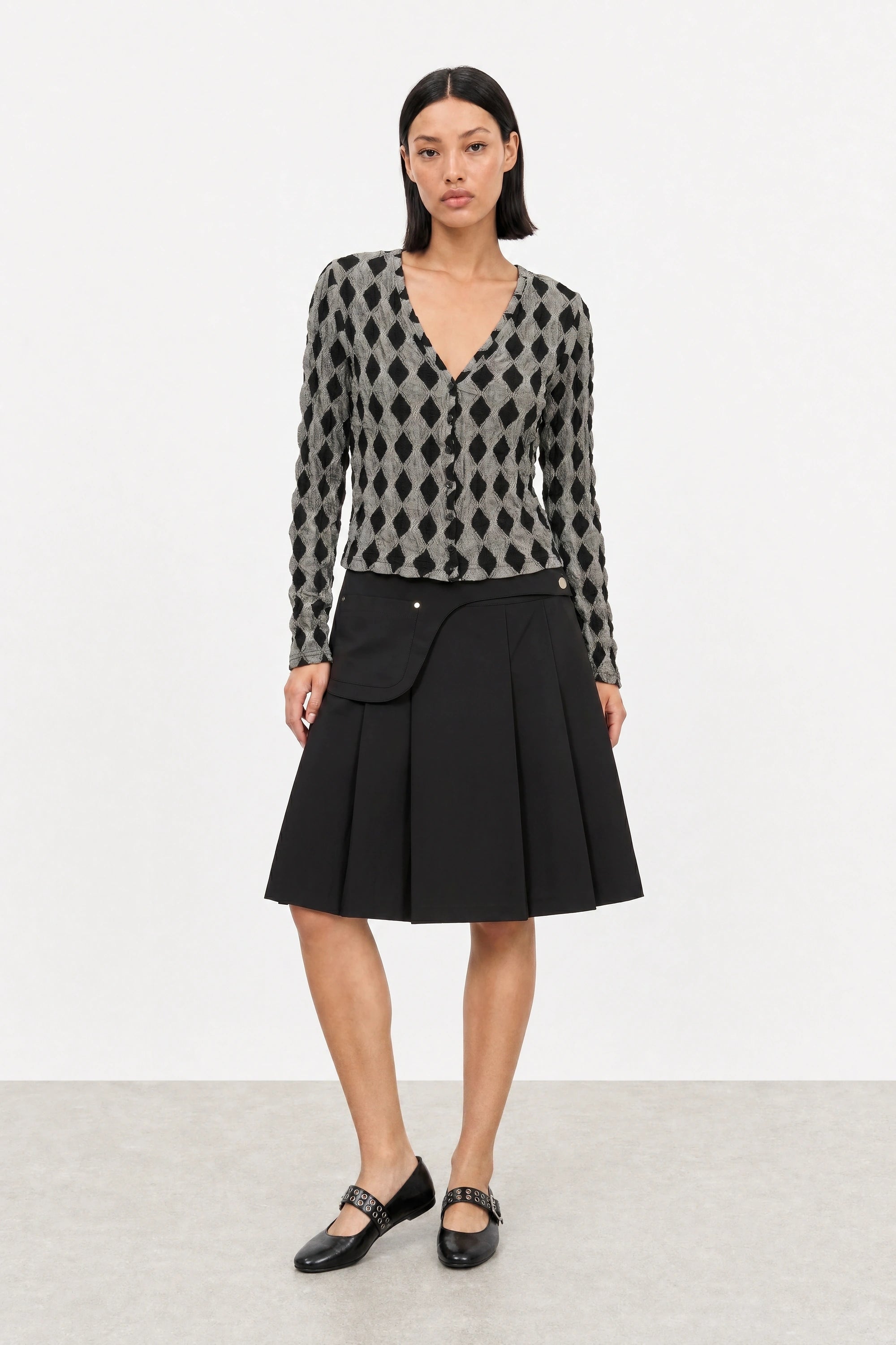 Black pocket belted pleated skirt_6