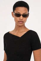 Black ribbed asymmetric neckline knit tee_3