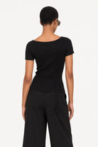 Black ribbed asymmetric neckline knit tee_2