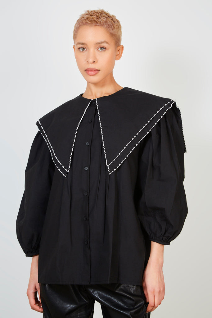Black and ivory trim double giant collar blouse_3