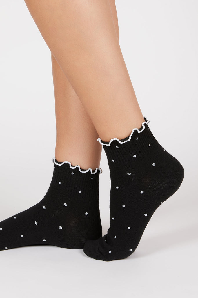 Black and white polka dot ruffle trim socks_1