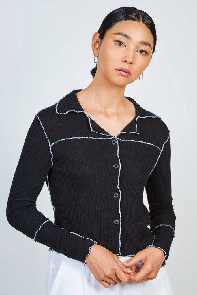 Black and white trim button up collar top_2