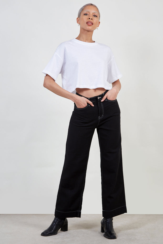 Black and white lightweight wide leg contrast stitch jeans_5