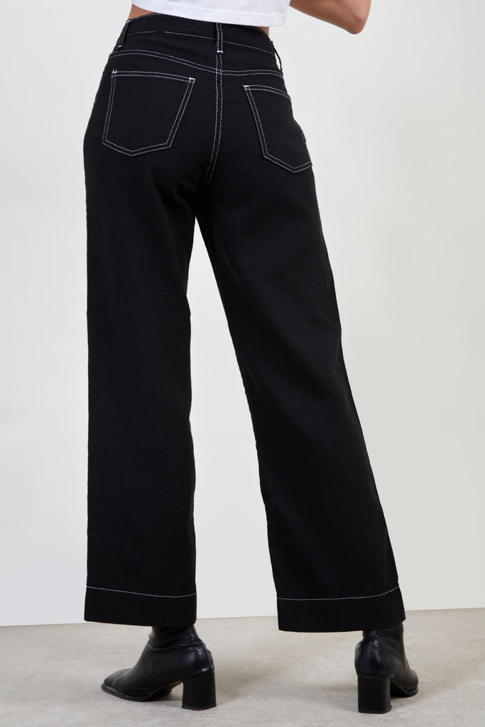 Black and white lightweight wide leg contrast stitch jeans_3