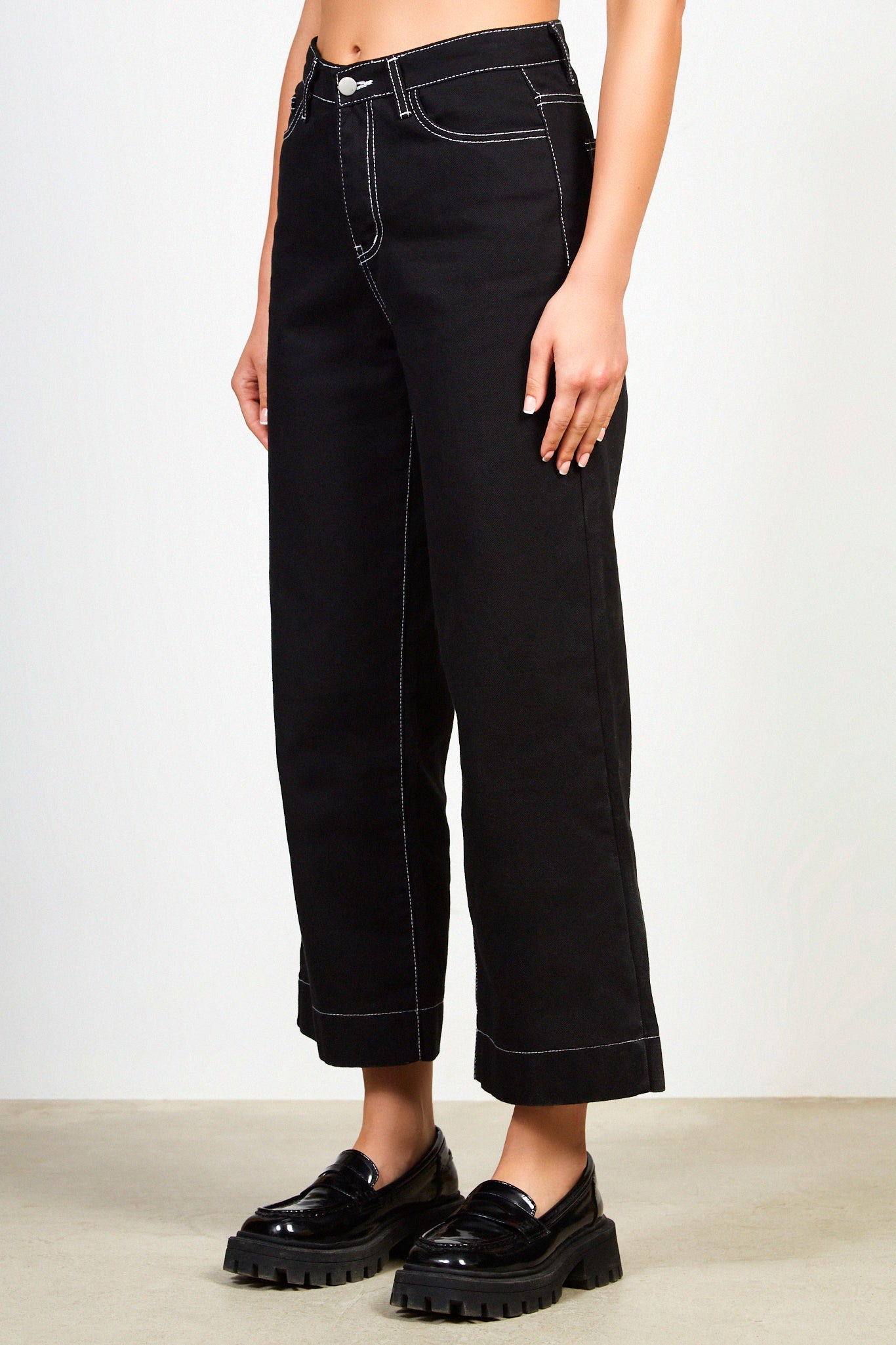 Black and white wide leg contrast stitch jeans
