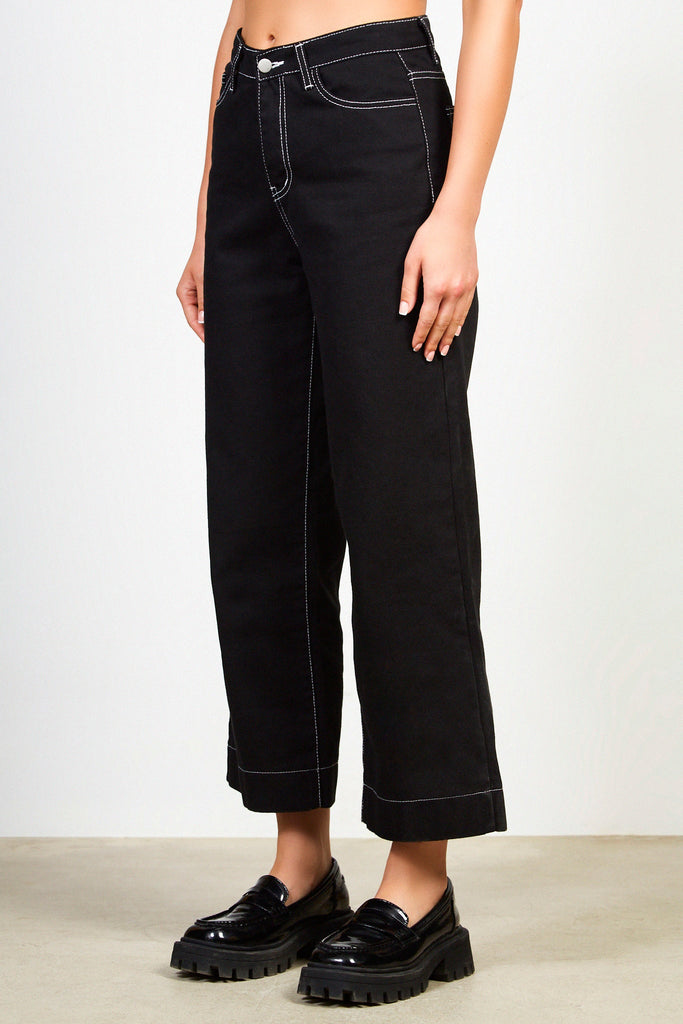 Black and white wide leg contrast stitch jeans_1