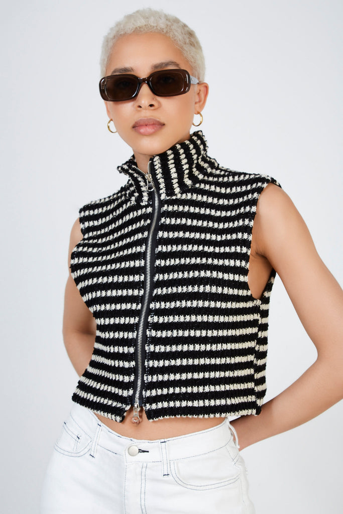 Black and white woven stripe zip vest_2