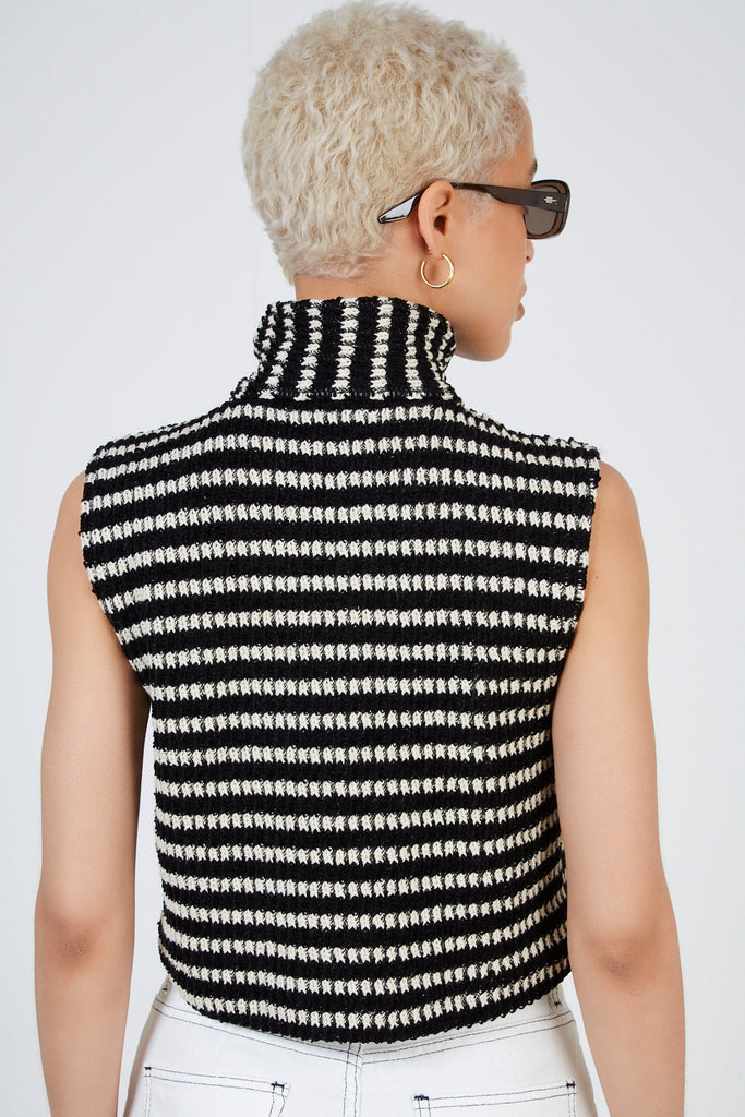 Black and white woven stripe zip vest_3