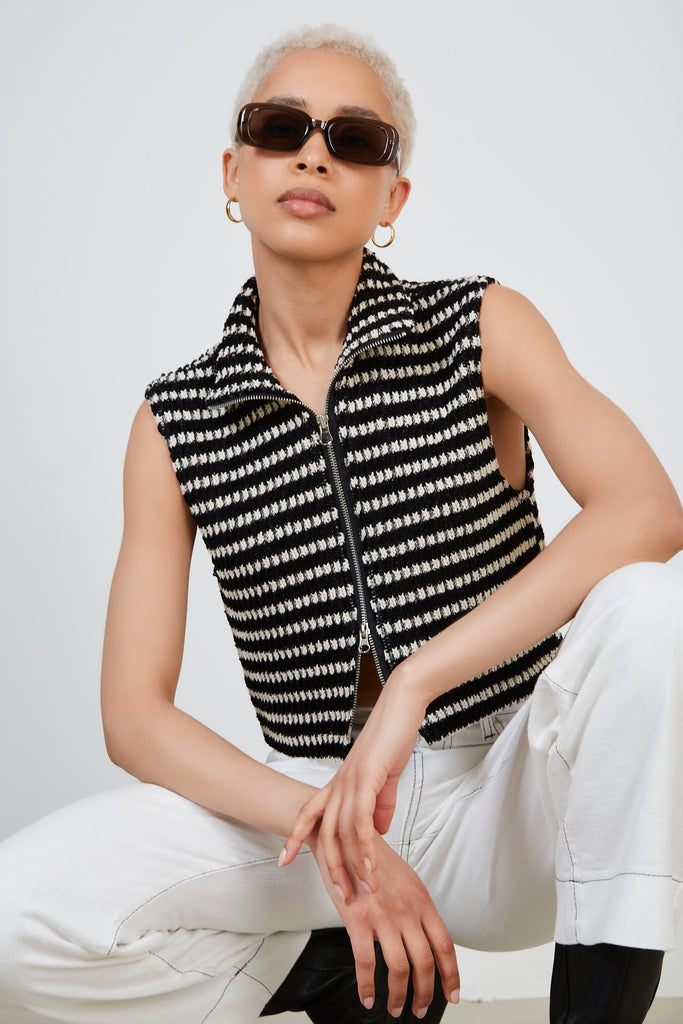Black and white woven stripe zip vest_1