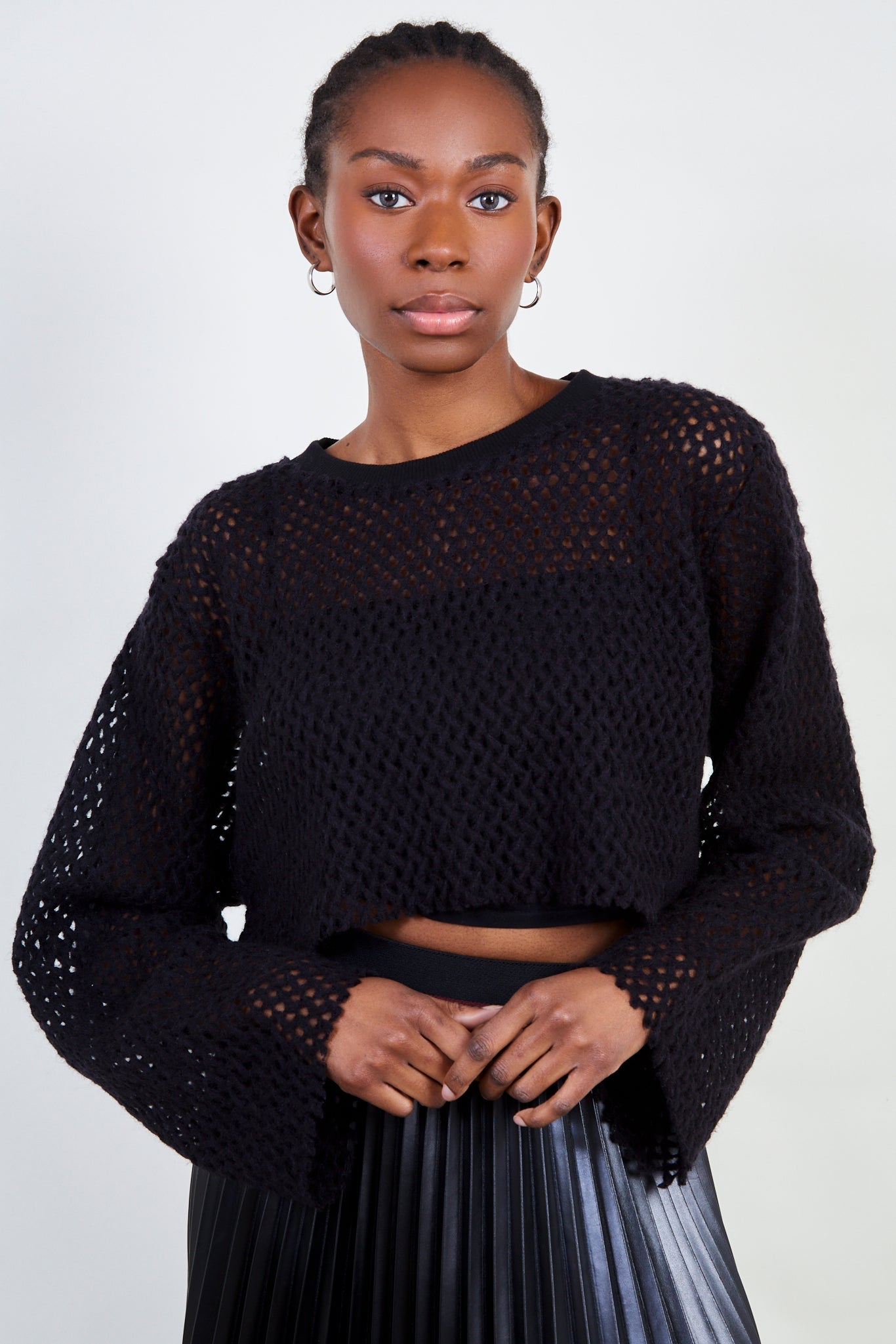 Black cross weave semi sheer top_1