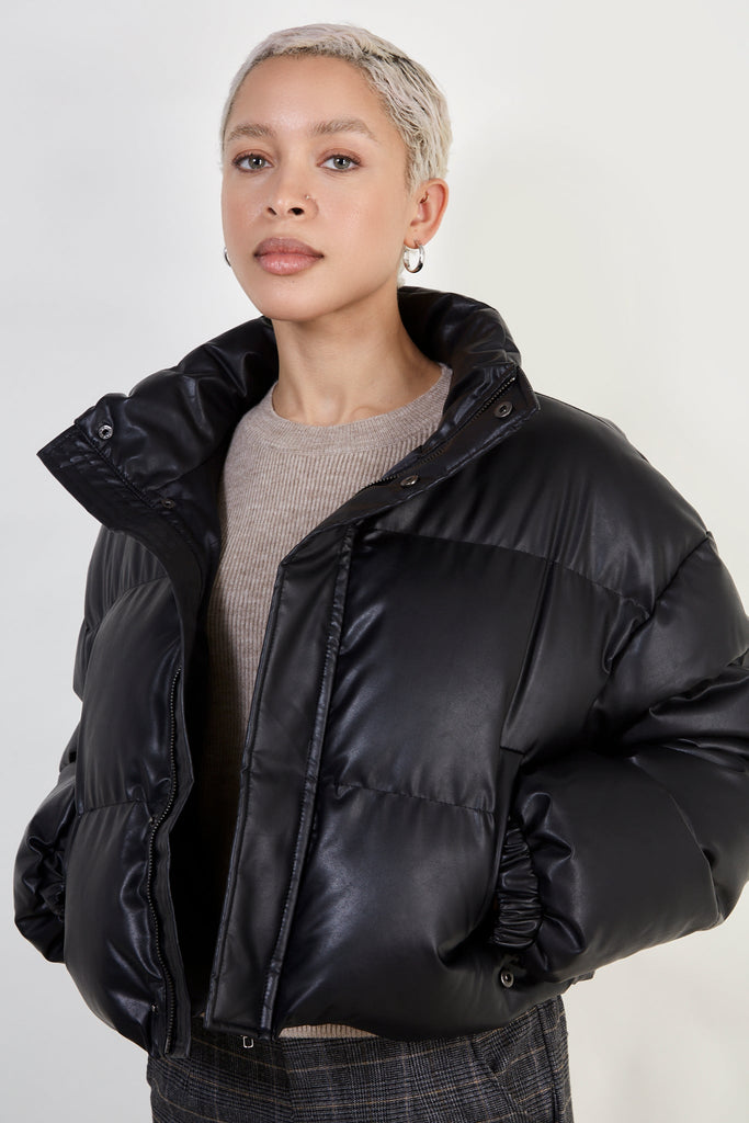Black vegan leather puffer jacket_1