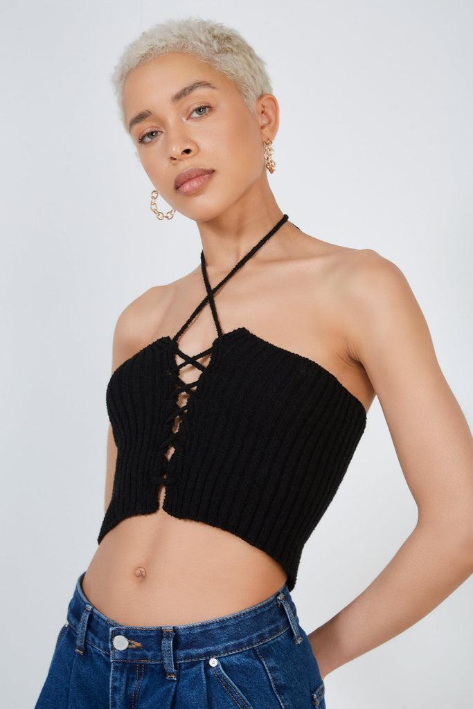 Black knit lace up strapless top_1