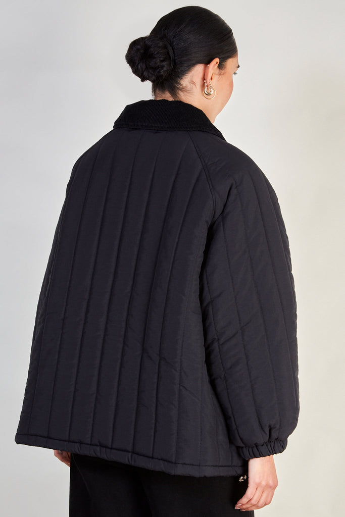 Black lined quilt corduroy collar coat_4
