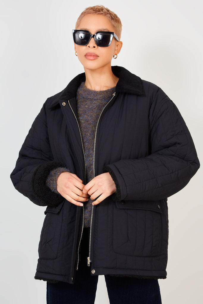 Black lined quilted corduroy collar coat_5