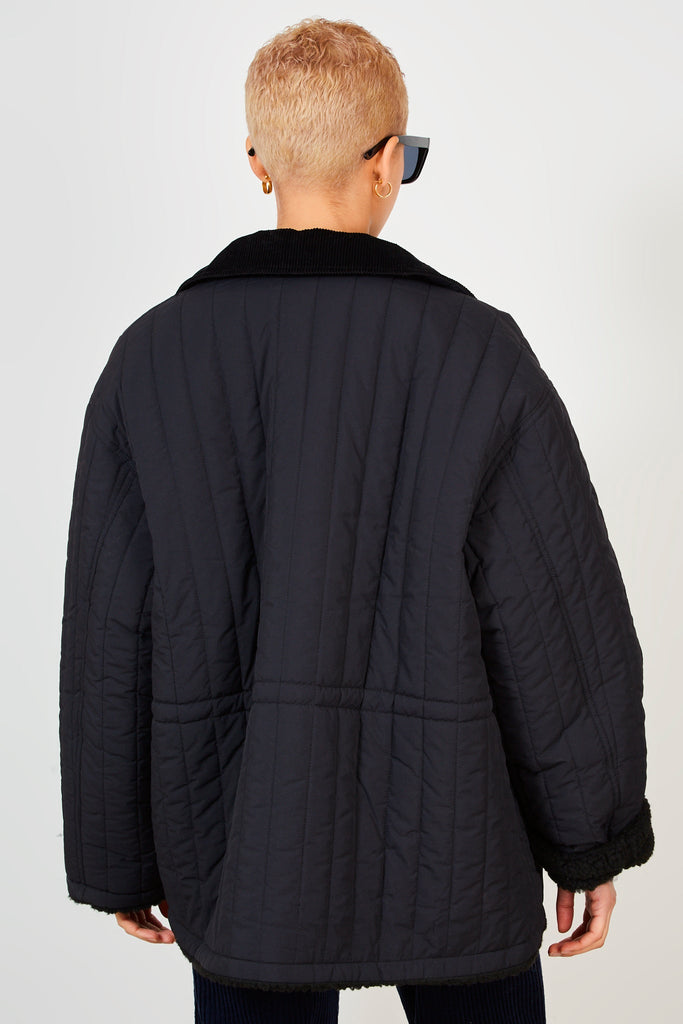 Black lined quilted corduroy collar coat_3