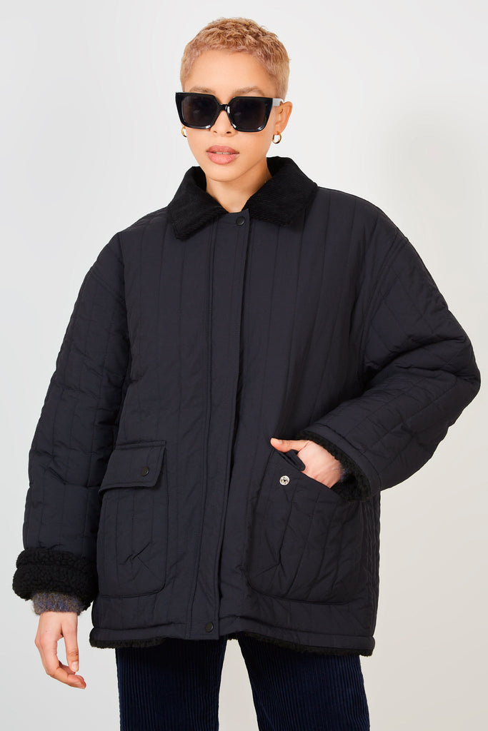 Black lined quilted corduroy collar coat_1