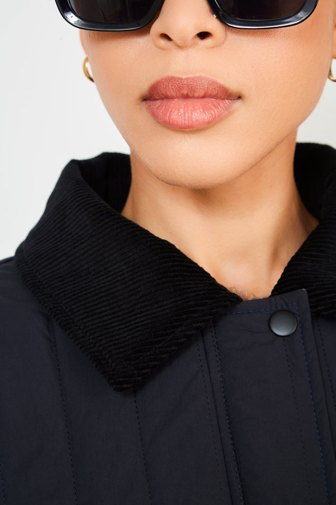 Black lined quilted corduroy collar coat_6