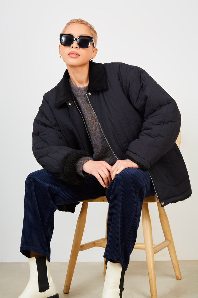 Black lined quilted corduroy collar coat_2