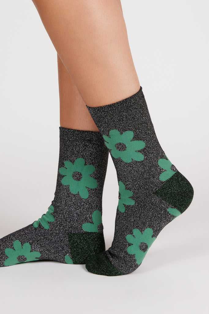 Black metallic green giant floral socks_1