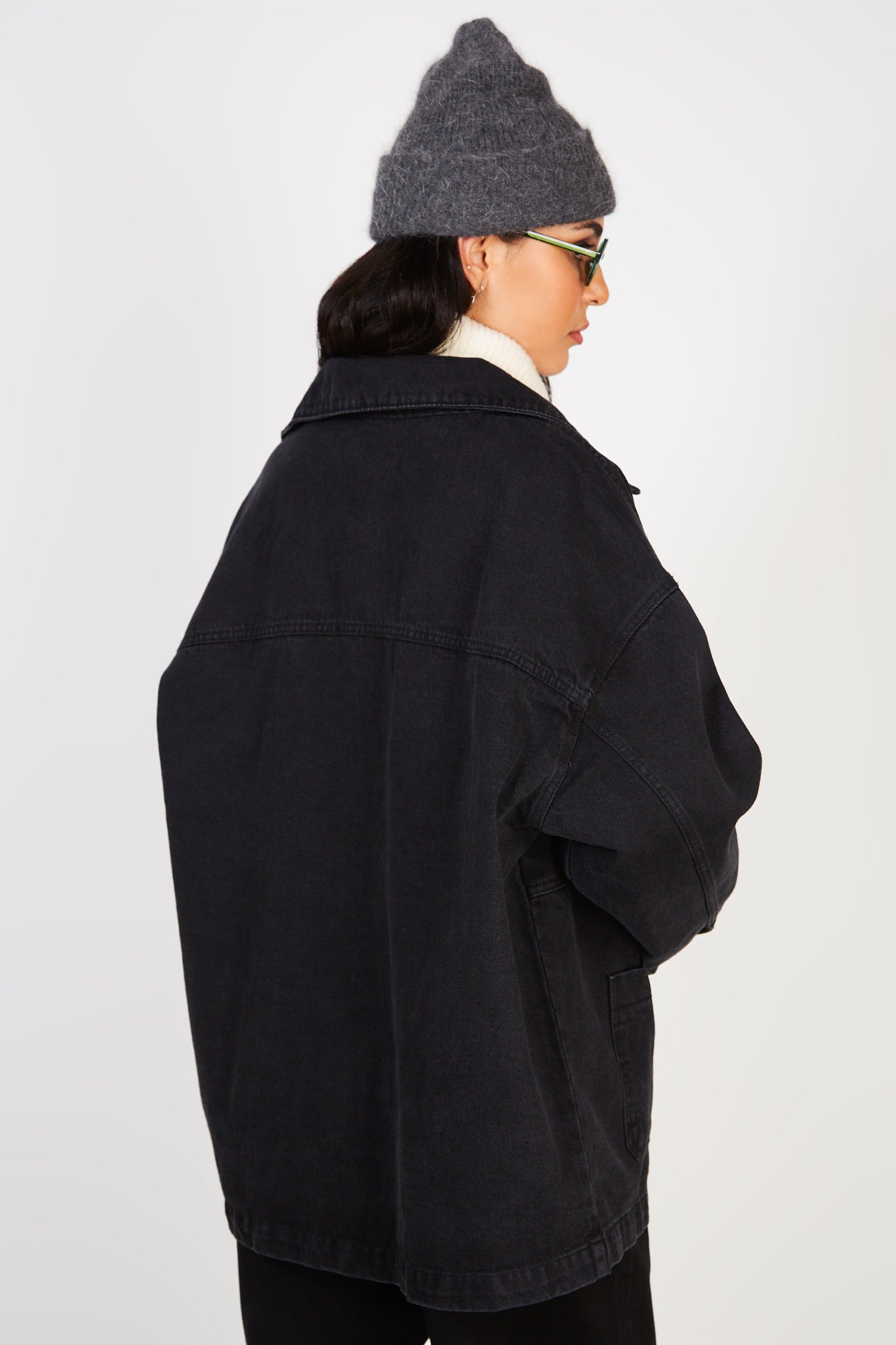 Black oversized pocket front denim jacket_3