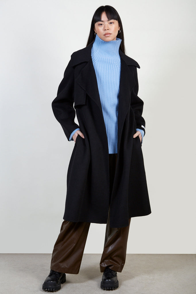 Black pure wool handmade belted shawl coat_1