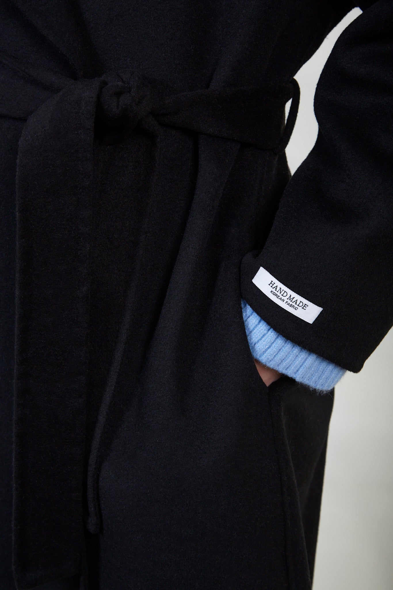 Black pure wool handmade belted shawl coat_6