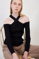 Black ribbed halter neck knit top_1