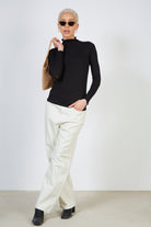 Black ribbed mock neck ruffle trim top_5