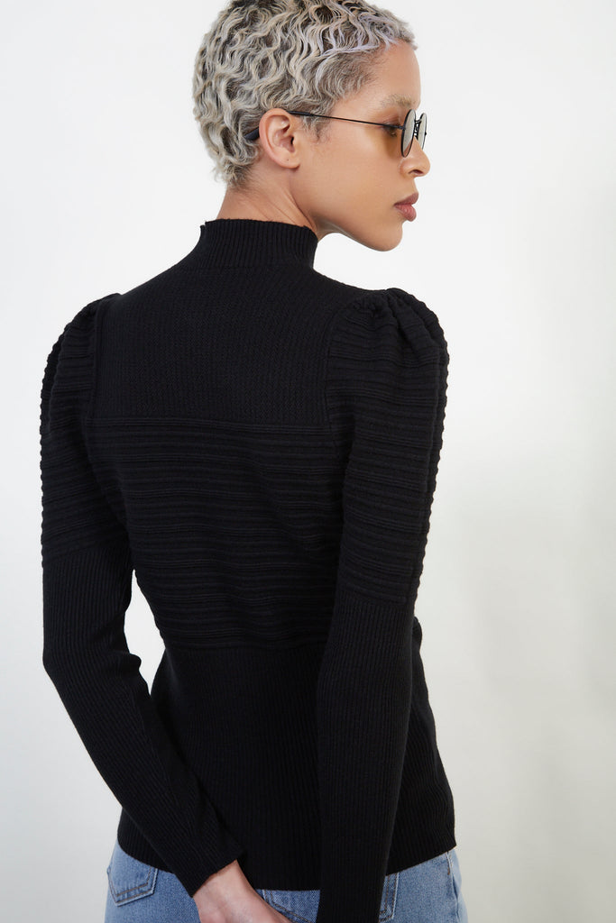 Black ribbed puff sleeve knit top_3