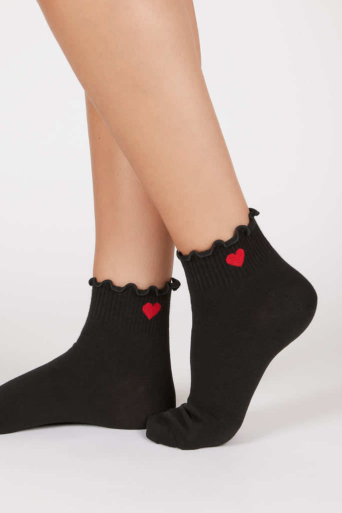Black ruffle trim heart ankle socks_1