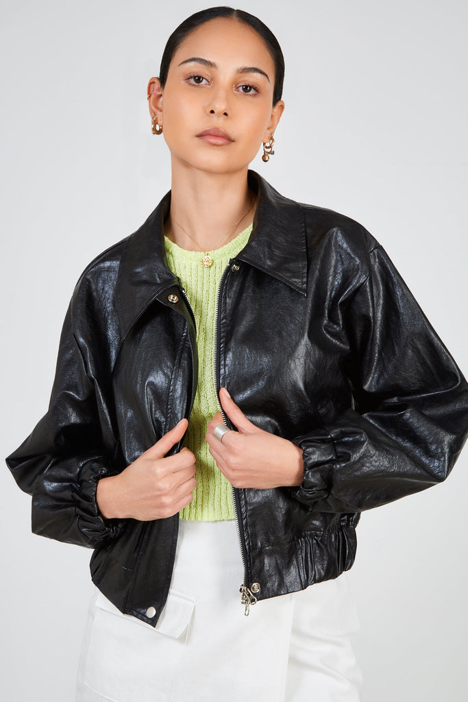 Black shiny vegan leather zip up jacket_1