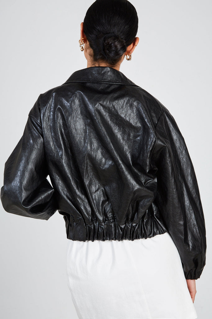 Black shiny vegan leather zip up jacket_2