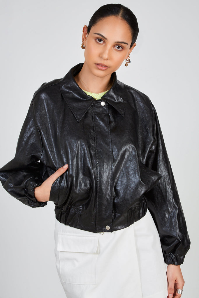 Black shiny vegan leather zip up jacket_4