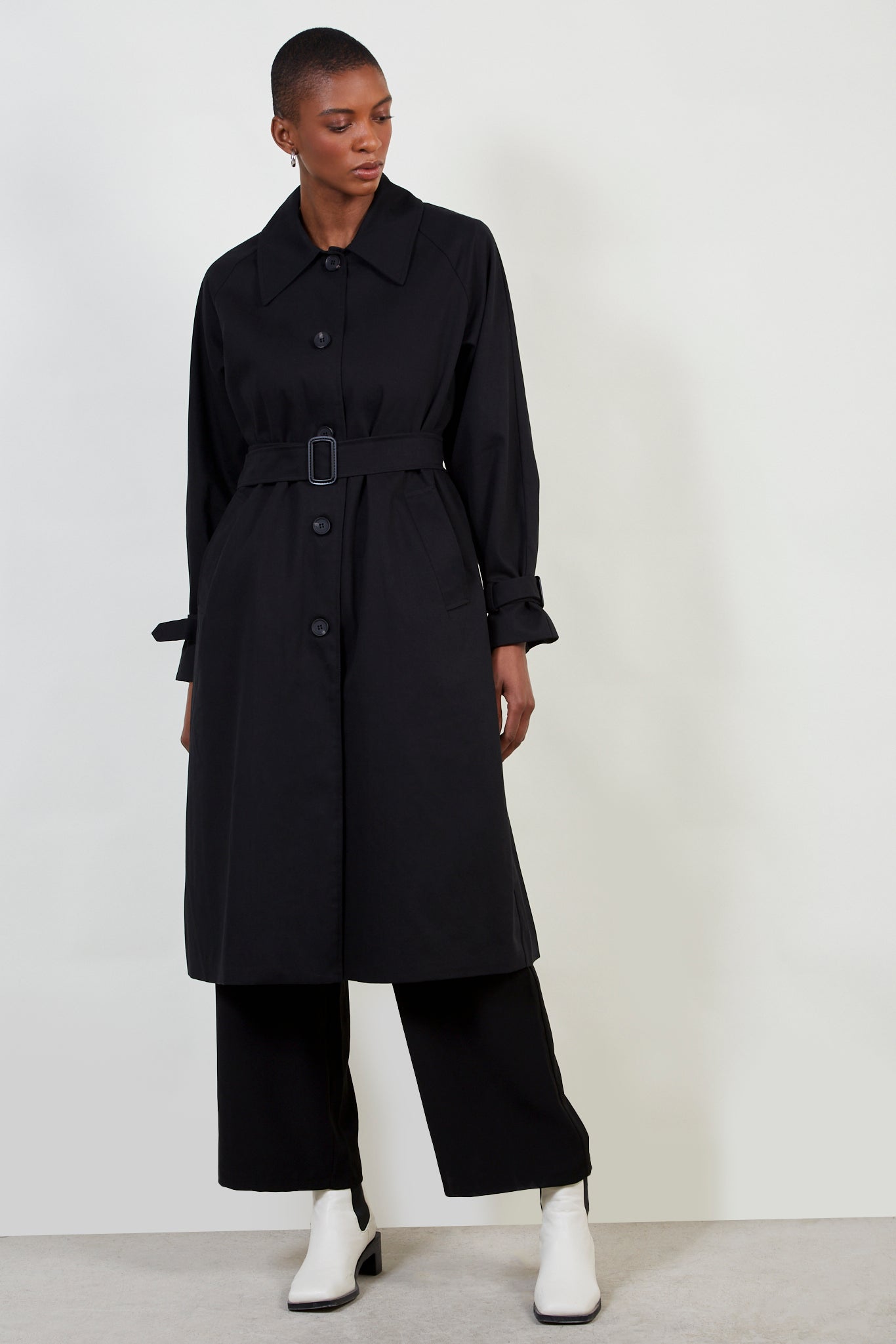 Black single breasted buckle detail trench coat_3
