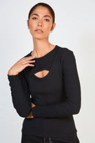 Black textured ribbed contrast peek front top_2