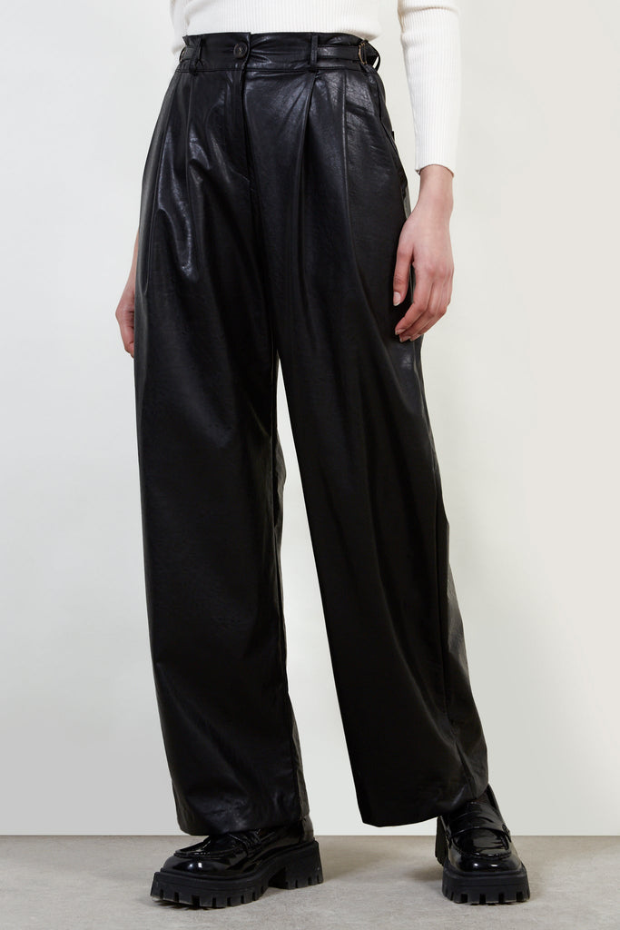 Black vegan leather adjustable waist trousers_1